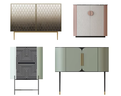 Stylish Decorative Cabinets With Patterned Doors Colorful Designs And Gold Accents 3d model