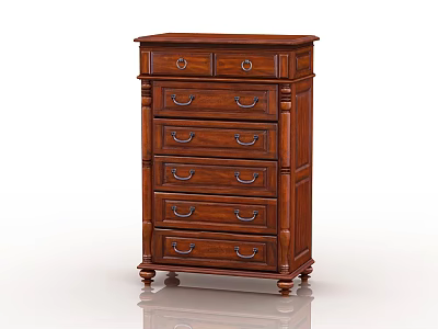Traditional Dark Brown Wooden Chest of Drawers with Carved Details and Metal Handles 3d model