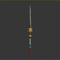 Traditional Decorative Spear With Metal Blade Wooden Shaft And Blue Gold Ornaments