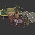 Yacht With Barrels And Shed In Diorama Scene