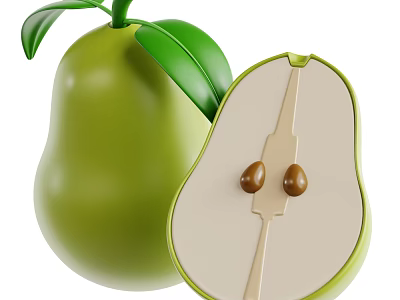 Fresh Green Pear With Whole Fruit And Cut Section Showing White Flesh And Brown Seeds 3d model