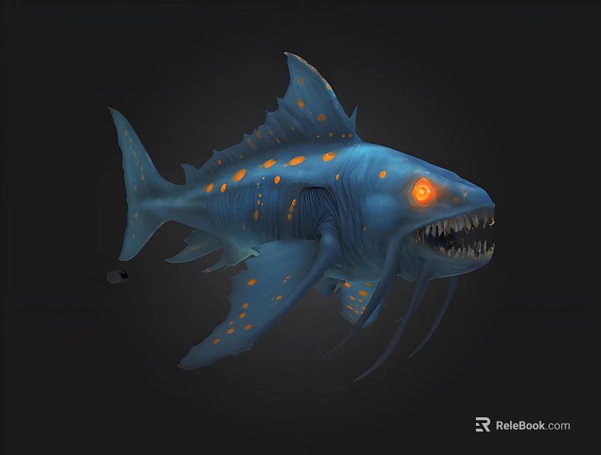 Blue Fantasy Fish With Orange Spots Red Eyes And Sharp Teeth 3d model 