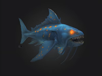 Blue Fantasy Fish With Orange Spots Red Eyes And Sharp Teeth 3d model