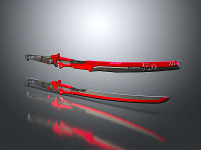 Two Red Decorative Samurai Swords With Reflective Blades On Grey Background 3d model