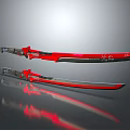 Two Red Decorative Samurai Swords With Reflective Blades On Grey Background