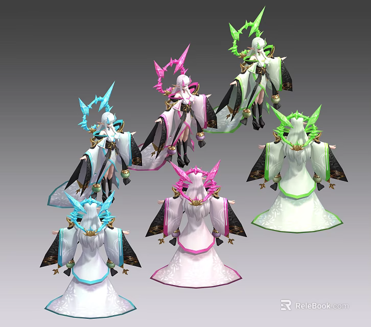 Multiple Game and Movie Characters With Various Colored Wings and Flowing Costumes 3d model 
