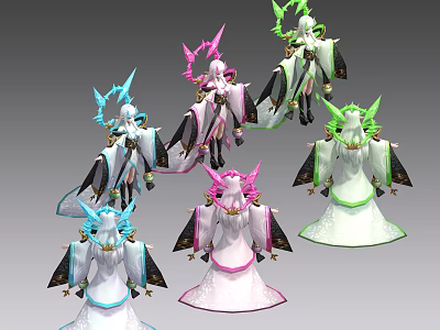 Multiple Game and Movie Characters With Various Colored Wings and Flowing Costumes 3d model