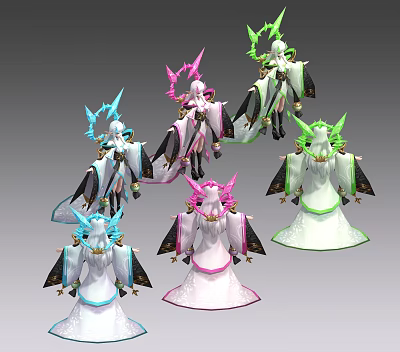 Multiple Game and Movie Characters With Various Colored Wings and Flowing Costumes 3d model