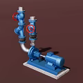 Blue Industrial Equipment With Red Handled Valves Pipes And Motor On Base