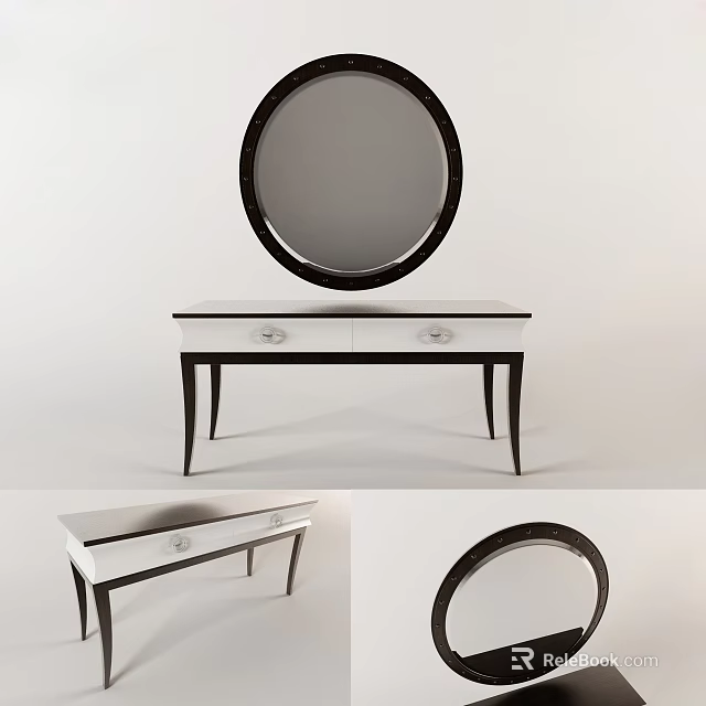 Modern Minimalist Dressing Table With Round Mirror Drawers And Sleek Legs 3d model 