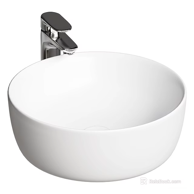 Modern Round White Ceramic Countertop Bathroom Washbasin With Chrome Faucet 3d model 