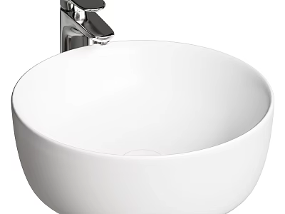 Modern Round White Ceramic Countertop Bathroom Washbasin With Chrome Faucet 3d model