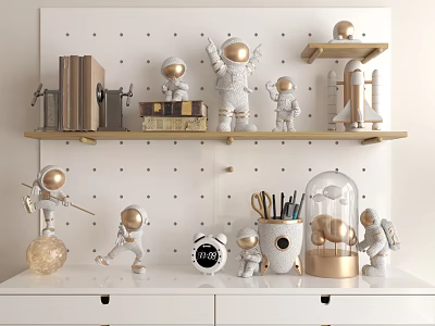 Gold And White Astronaut Dolls On Pegboard Shelf With Books Globe Clock And Pen Holder 3d model