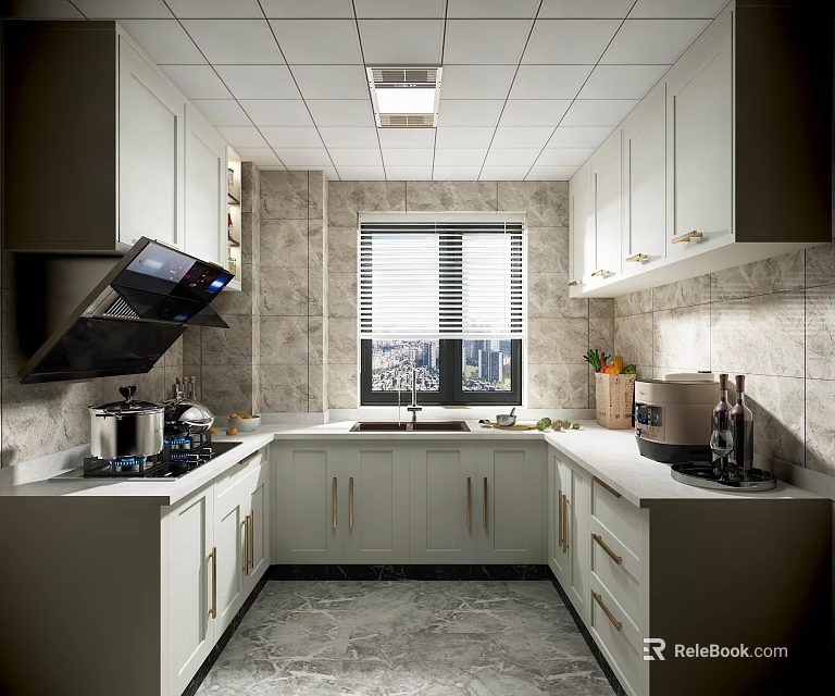 Modern Kitchen Interior With Light Colored Cabinets Window Marble Countertop And Appliances 3d model