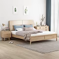 Modern Minimalist Wooden Double Bed With Bedside Tables Pillows Blanket And Wall Art