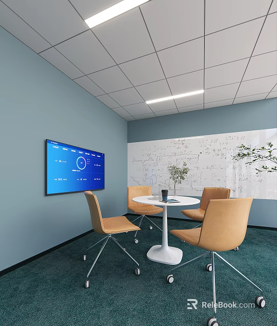 Cozy Lounge Area With Light Blue Walls White Whiteboard Blue Screen And Light Brown Chairs 3d model 