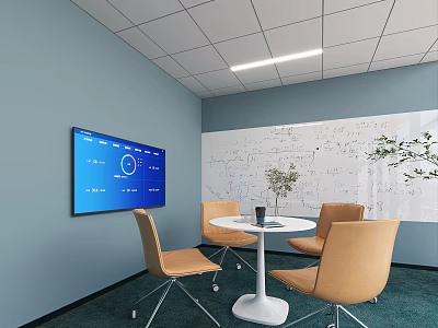 Cozy Lounge Area With Light Blue Walls White Whiteboard Blue Screen And Light Brown Chairs 3d model