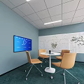 Cozy Lounge Area With Light Blue Walls White Whiteboard Blue Screen And Light Brown Chairs