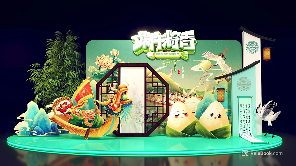 Elegant Dragon Boat Festival Display With Zongzi Dragon Boat Bamboo And Lotus Decorations 3d model 