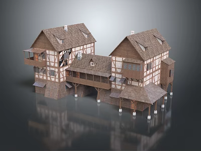 Ancient Traditional Buildings Featuring Timber Frame Structure Brown Roof And Balcony Design 3d model