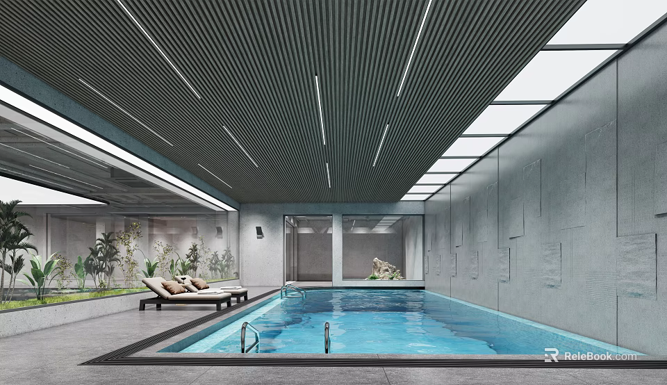 Modern Indoor Swimming Pool Interior With Lounge Chairs Green Plants And Glass Walls 3d model 