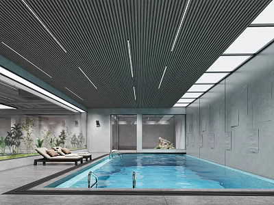 Modern Indoor Swimming Pool Interior With Lounge Chairs Green Plants And Glass Walls 3d model