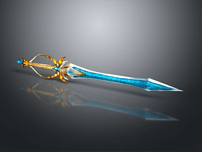 Ornate Decorative Sword With Blue Blade And Golden Accents Shiny Gemstone Embellishments On Handle 3d model