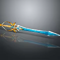 Ornate Decorative Sword With Blue Blade And Golden Accents Shiny Gemstone Embellishments On Handle