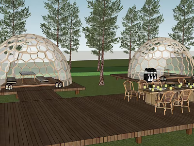 Scenic Camping Site with Dome Tents Wooden Deck and Outdoor Dining Area 3d model