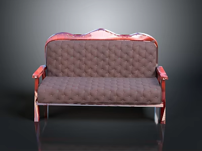 Brown Diamond Tufted Sofa With Red Carved Frame And Upholstered Seat 3d model