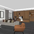Modern Office Interior With Wooden Cabinets Bar Counter And Stools Tables Chairs Large Windows Curtains