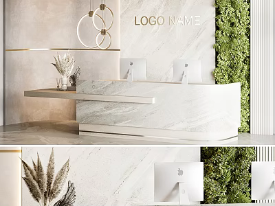 Modern Marble Reception Desk With Logo Display Green Living Wall Computer Monitors And Hanging Lights 3d model