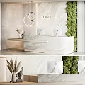 Modern Marble Reception Desk With Logo Display Green Living Wall Computer Monitors And Hanging Lights
