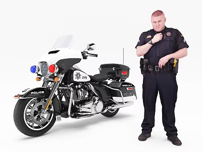 Male Police Officer in Black Uniform Standing Next to Shiny Police Motorcycle 3d model