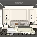 Elegant Modern Bedroom Interior With Soft Headboard Bed Patterned Rug Paneled Walls And Armchair