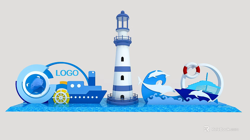 Nautical Themed Photo Spot with Lighthouse Ship Dolphin Waves and Blue White Design 3d model 