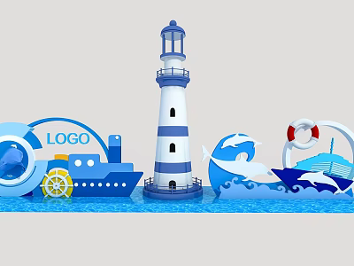 Nautical Themed Photo Spot with Lighthouse Ship Dolphin Waves and Blue White Design 3d model