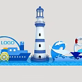 Nautical Themed Photo Spot with Lighthouse Ship Dolphin Waves and Blue White Design
