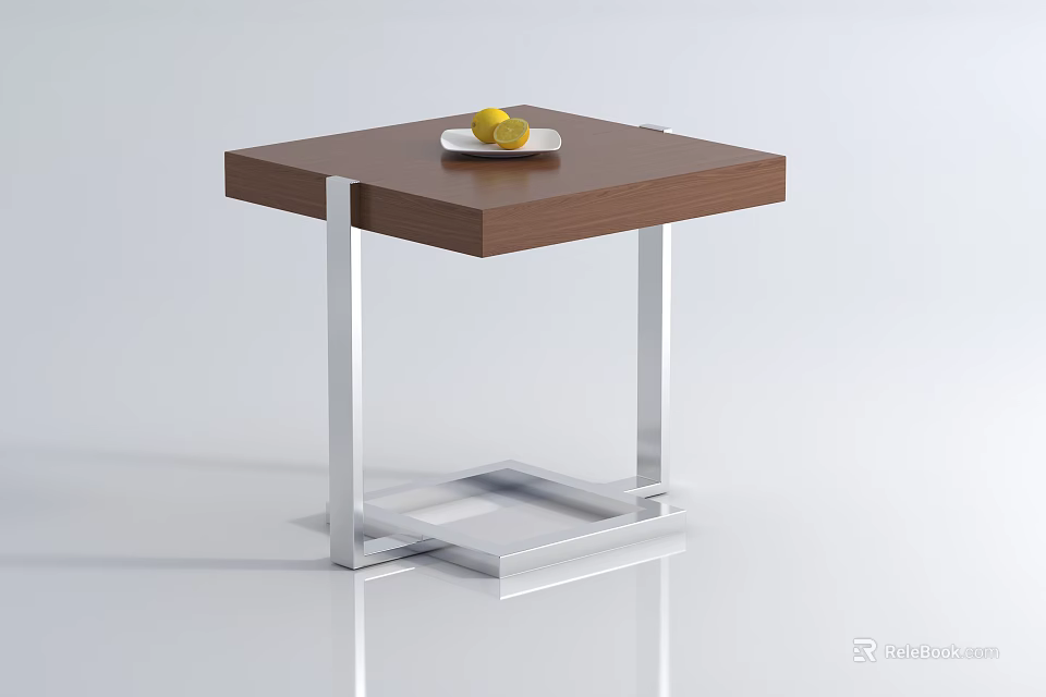 Modern Side Table With Brown Wooden Top Silver Metal Legs White Plate Lemons On Top 3d model 