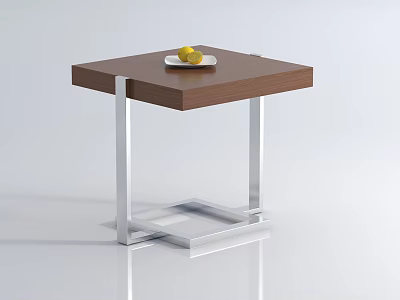 Modern Side Table With Brown Wooden Top Silver Metal Legs White Plate Lemons On Top 3d model