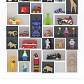 Decorative Toy Storage Cabinet with Small Grid Design and Various Toy Cars Animals Figurines