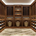 Elegant Wine Cellar Interior With Wooden Racks Arranged Wine Bottles Ceramic Jars And Stone Floor