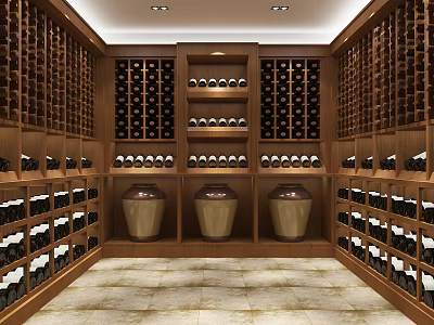 Elegant Wine Cellar Interior With Wooden Racks Arranged Wine Bottles Ceramic Jars And Stone Floor 3d model