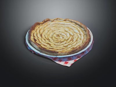 Homemade Apple Pie with Spiral Arranged Apple Slices on White Plate and Red Checkered Napkin 3d model