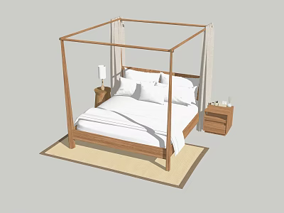 Wooden Four Poster Double Bed With White Bedding Side Nightstands And Rug 3d model