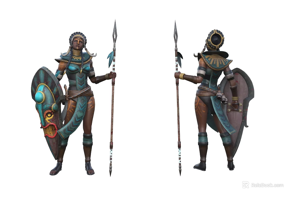Warrior Woman In Egyptian Style Decorative Armor With Spear Shield And Headdress 3d model 
