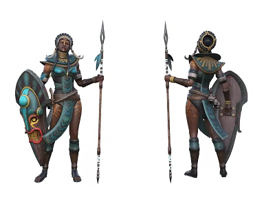Warrior Woman In Egyptian Style Decorative Armor With Spear Shield And Headdress 3d model