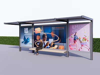 Bus Stop Station With Shelter Advertising Posters Bench Person Sitting And Green Hedge Background 3d model
