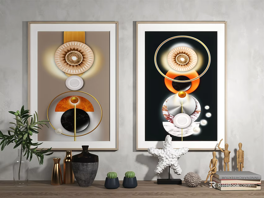 Two Framed Modern Wall Art Paintings With Gold Orange Black Circles And Decor Items 3d model 