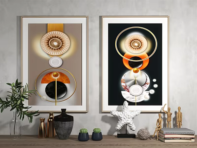 Two Framed Modern Wall Art Paintings With Gold Orange Black Circles And Decor Items 3d model